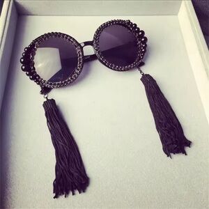 Black Round Tassel Sunglasses with Ornate Detailing